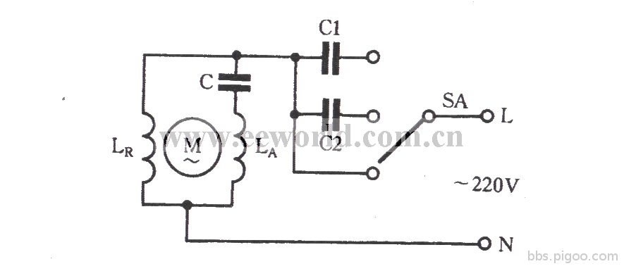 單相電動機串接電容調速三速電路