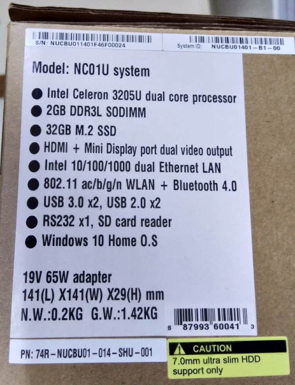 NC01U system( CPU Celeron 3205U雙核心 / 2GB DDR3L / 32GB M.2 SSD / WIN10 HOME) 1080P 售6000/無發票有保固